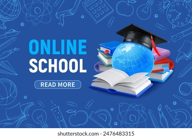 Online School, Back to School banner with graduation cap on the globe, open book, books around. Blue background, frame with objects on education theme, hand drawn in doodle style. Vector illustration