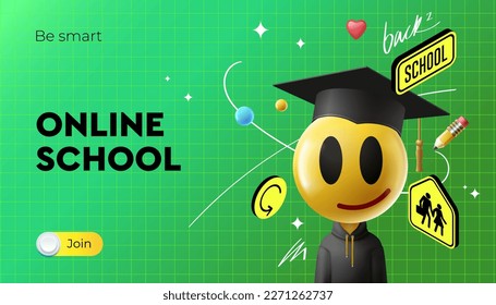 Online school banner, cartoon of a smiling boy wearing a graduation cap and a black graduation cap, vector illustration