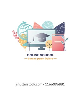 Online school banner with computer monitor with square academic cap and various studying elements isolated on white background. Flat vector illustration of successful internet education.