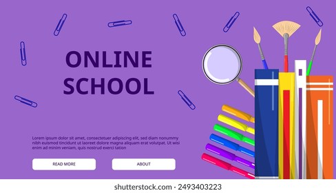 In: Online School. Banner Vorlage für Website und mobile App Entwicklung. Moderne Design-Vorlage mit Schulaccessoires. Vektorillustration EPS10
