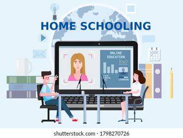 Online school boy and girl studying with computer and books. The concept of online learning at home, online test, distance learning. Vector illustration isolated