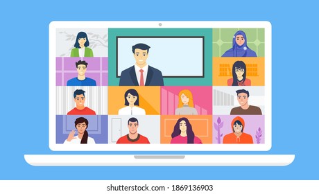 Online School Class. Student Learn Study from home via Teleconference Web Video Conference Call Display on Laptop Screen with Male Teacher. Virtual Open University, Academy, College Test or Course.