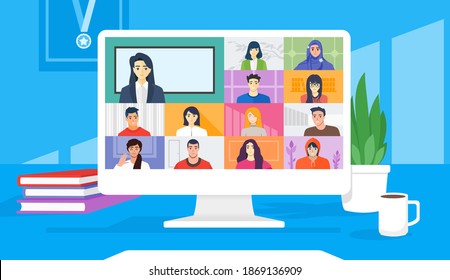 Online School Class. Student Learn Study from home via Teleconference Web Video Conference Call Display on PC Screen with female Teacher. Virtual Open University, Academy, College Test or Course.