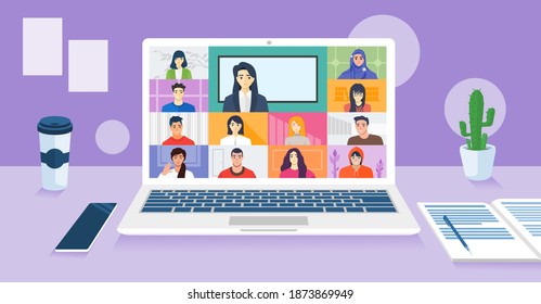 Online School Class. Student Learn Study From Home Via Teleconference Web Video Conference Call Display On Laptop Screen With Female Teacher. Virtual Open University, Academy, College Test Or Course.