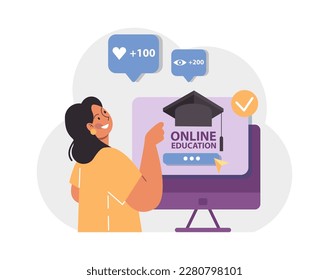Online school or college graduation. Happy student with a e-education certificate. Academic achievement idea. Distance learning, didgital course. Flat vector illustration