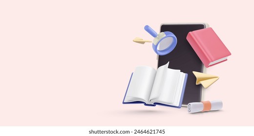 Online school concept in 3d realistic style with phone, book, scroll, paper plane. Vector illustration