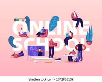 Online School Concept. Characters Learning Distant at Covid19 Quarantine. Students Sitting at Desk Watching Lesson Internet Online Broadcast Poster Banner Flyer. Cartoon People Vector Illustration