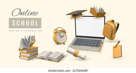 Online school concept. Laptop with books, pencil, alarm clock, graduation cap and diploma. Vector illustration.