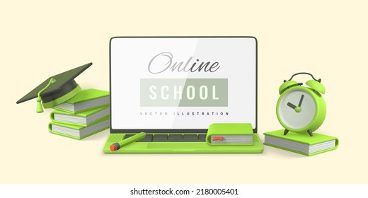 Online school concept. Laptop with books, pencil, alarm clock, graduation cap and diploma. Vector illustration.