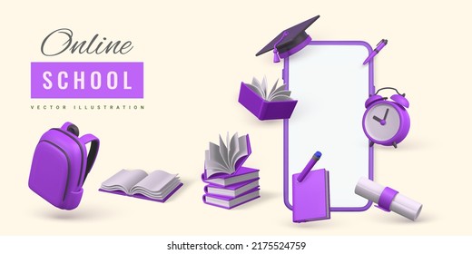 Concepto de escuela en línea. Teléfono con libros, lápiz, despertador, gorro de graduación y diploma. Ilustración vectorial.