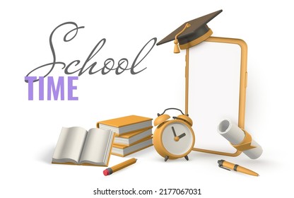 Online school concept. Phone with books, pencil, alarm clock, graduation cap and diploma. Vector illustration.