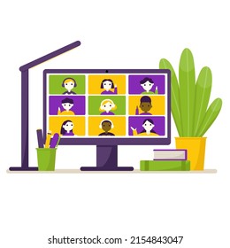 Online school concept vector illustration. Teacher with students on live video conference, live stream lesson. Class communication on computer screen, distance online meeting. Group of kids studying