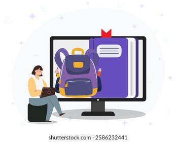 Online school concept. A woman using laptop to take exam online with big icon of bag and book on big monitor screen. 