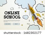 Online School. Digital internet tutorials and courses, online education, e-learning. Web banner template for website, landing page and mobile app development. Doodle style vector illustration