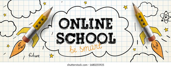 Online School. Digital internet tutorials and courses, online education. Vector banner template for website and mobile app development. Doodle style illustration