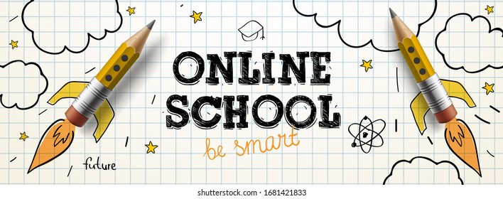 Online School. Digital internet tutorials and courses, online education. Vector banner template for website and mobile app development. Doodle style illustration