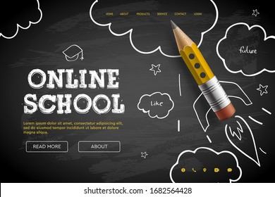 Online School. Digital internet tutorials and courses, online education, e-learning.  Doodle style vector illustration