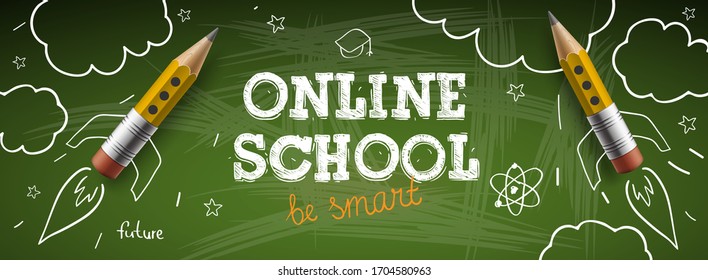 Online School. Digital internet tutorials and courses, online education. Vector banner template for website and mobile app development. Doodle style illustration