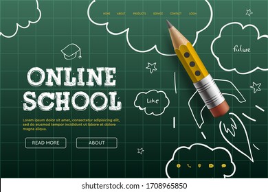 Online School. Digital internet tutorials and courses, online education, e-learning. Web banner template for website, landing page and mobile app development. Doodle style vector illustration