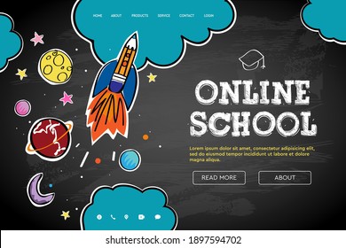 Online School. Digital internet tutorials and courses, online education, e-learning. Web banner template for website, landing page and mobile app development. Doodle style vector illustration