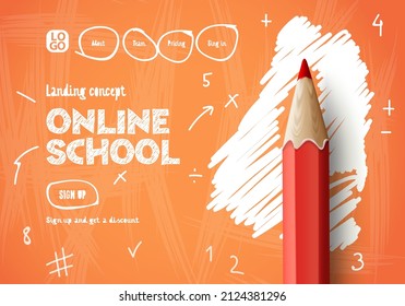 Online School. Digital internet tutorials and courses, online education, e-learning. Web banner template for website, landing page and mobile app development. Doodle style vector illustration