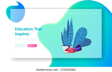 Online School, Distant Education on Quarantine Landing Page Template. Girl Lying on Floor Reading Book Prepare Homework. Female Student Character Back to School, Knowledge. Cartoon Vector Illustration