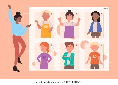 Online school education concept flat vector illustration. Cartoon children characters on computer screen schooling, teacher communicating with pupils in internet chat. Remote educational background