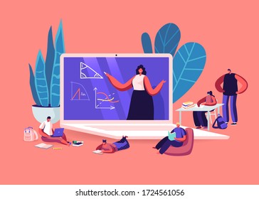 Online School Education Concept. Kids Characters Quarantine Distant Studying . Children Sitting around of Huge Laptop with Teacher Explain Geometry Lesson on Screen. Cartoon People Vector Illustration