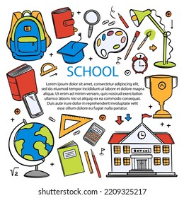 ONLINE SCHOOL Education Concept Web Banner Various School Supplies For Learning Of Students On The Internet Vector Illustration Doodle Hand Drawn With Your Text