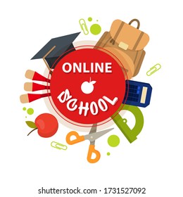 Online school, education, course badge. Online school, education tag. E-learning, e-lesson, e-course label for children, kids. Distance learning for children, kids. Vector badge illustration. 