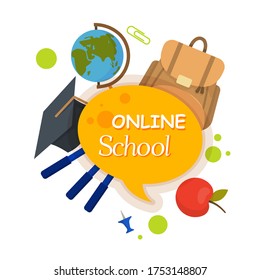 Online school, education, course badge. Online school, education tag. E-learning, e-lesson, e-course label for children, kids. Distance learning for children, kids. Vector badge illustration. 