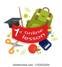 Online school, education, course badge. Online school, education tag. E-learning, e-lesson, e-course label for children, kids. Distance learning for children, kids. Vector badge illustration. 
