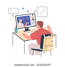 Online school education, elearning concept. Child at lesson at laptop at home. Kid studying at internet class at computer during quarantine. Flat vector illustration isolated on white background