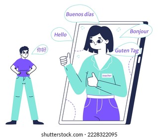Online school education, e-learning service. Language web class, teacher on gadget screen provide educational service flat vector illustration on white background