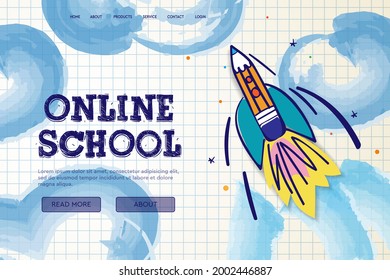 Online School, online education, e-learning. Web banner template for website, landing page and mobile app development. Doodle style vector illustration