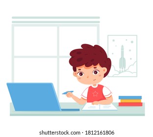 Online school education at home. Child studying with laptop and books, doing homework in flat. Remote learning using technology and internet, digital communication vector illustration.