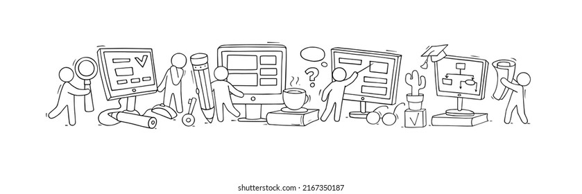 Online school education, internet training concept. Doodle students study with computers and books. Vector hand drawn illustration of computer class in university or college, digital learning at home