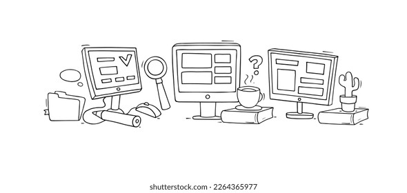 Online school education, internet training concept. Doodle study objects -computers and books. Vector hand drawn illustration of computer class in university or college, digital learning at home