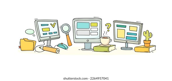 Educación escolar en línea, concepto de formación en Internet. Doodle estudia objetos -computadoras y libros. Ilustración de la clase de computación en la universidad o universidad, aprendizaje digital en casa