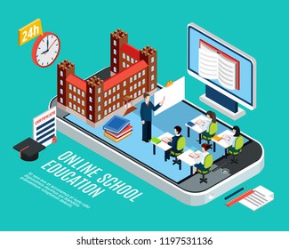 Online school education isometric concept with students at lesson computer and smartphone on blue background 3d vector illustration