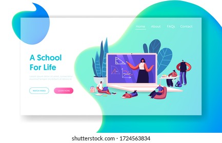 Online School Education Landing Page Template. Kids Characters Quarantine Distant Studying. Children Sitting at Huge Laptop with Teacher Explain Lesson on Screen. Cartoon People Vector Illustration