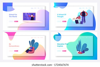 Online School Education Landing Page Template Set. Kids Characters Quarantine Distant Studying. Children Sitting at Huge Laptop, Teacher Explain Lesson on Screen. Cartoon People Vector Illustration