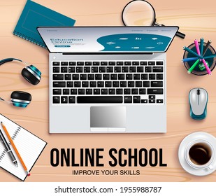 Online school education vector banner background. Online school improve yor skills text with digital tools like laptop, mouse and headphones elements for e-learning class design. Vector illustration
