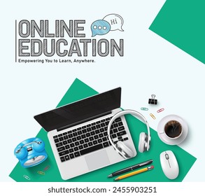 Online school education vector design. Back to school online education text with laptop computer digital device for e learning course concept. Vector illustration school online education design. 
