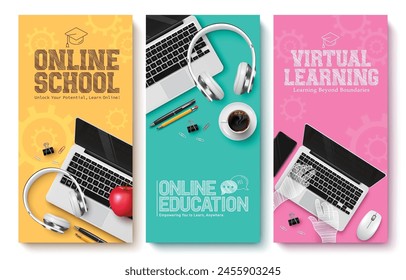 Diseño en línea del poster del Vector de educación escolar. Volver a la escuela educación en línea y texto de aprendizaje virtual con dispositivo de tecnología de computadora portátil para la colección de diseño educativo. Vector 