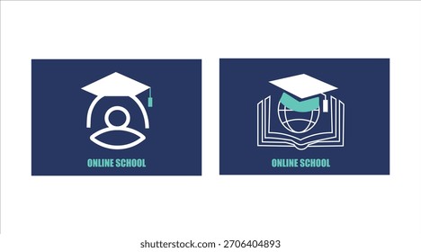 Escuela en línea Logotipo educativo Graduación y concepto de estudiante Diseño de Vector