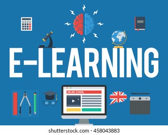 Online school, E-learning concept. Web training and study. Vector icons for distance education.