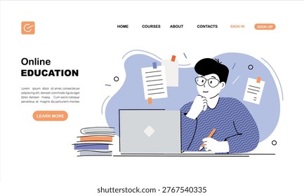 Online school, e-learning, education, landing page, flat design vector illustration 