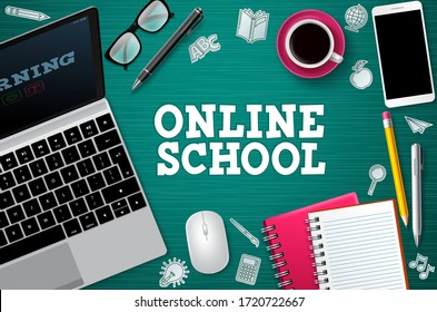 Online school e-learning vector banner. E-learning online school text with laptop computer and school elements for global home education through internet. Vector illustration.
