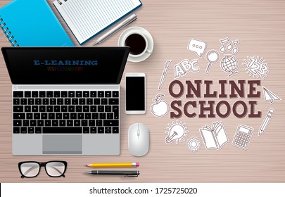 Online school e-learning vector banner. Online school text with computer elements like laptop and school items for e-learning home study. Vector illustration.
